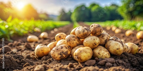 Organic potatoes freshly dug up from the field , farm, harvest, agriculture, roots, natural, gardening, dirt, earthy, food, healthy photo