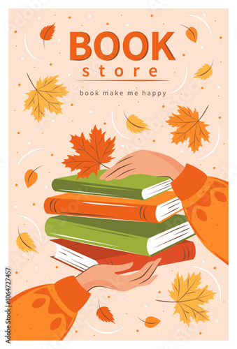 Layout design for bookstore, bookshop or library. Books with autumn bright leaves. Vector illustration for poster, cover, marketing, sale.