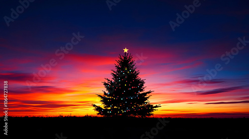 A Christmas tree silhouette against a colorful sunset sky.A Christmas tree silhouette against a colorful sunset sky. photo