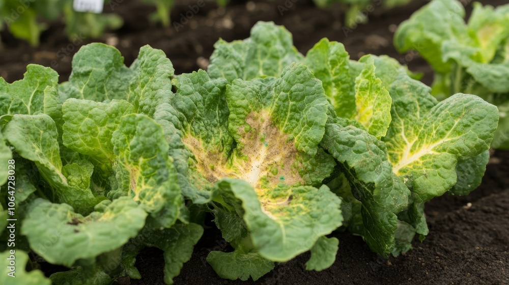 Leafy lettuce showing disease symptoms in a lettuce farm highlighting issues in crop health and sustainable agriculture Leafy lettuce showing disease symptoms in a lettuce farm highlighting issues in crop health and sustainable agriculture
