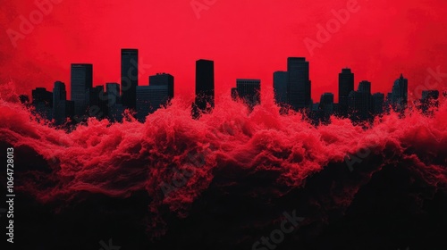 Dramatic overhead view of a towering city skyline being engulfed by a powerful red tsunami symbolizing a major financial crisis or market crash  The scene conveys a sense of overwhelming danger photo