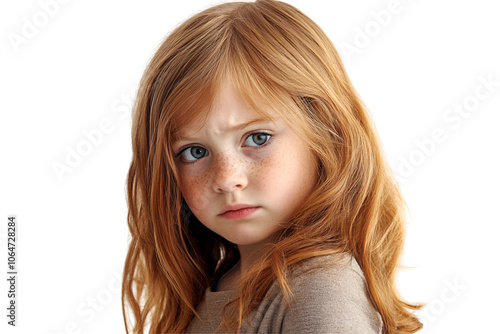 Sad little girl with a disappointed expression isolated on transparent background.