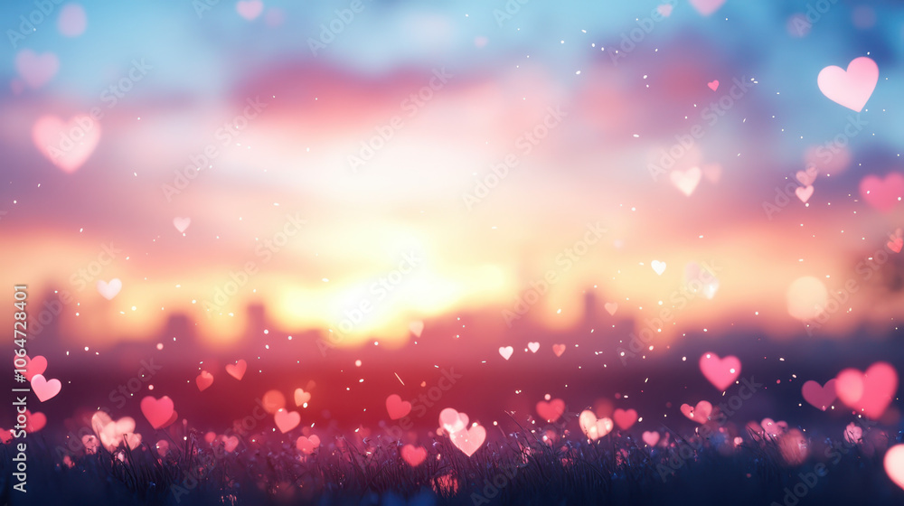 dreamy sunset with floating hearts creating romantic atmosphere. soft colors of sky blend beautifully, evoking feelings of love and warmth dreamy sunset with floating hearts creating romantic atmosphere. soft colors of sky blend beautifully, evoking feelings of love and warmth