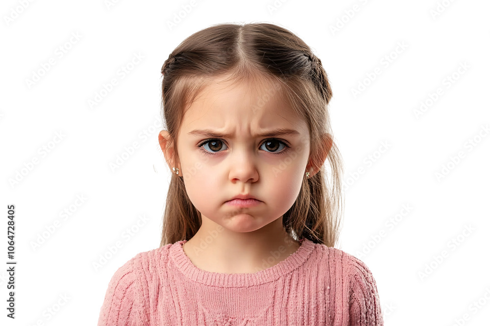 Sad little girl with a disappointed expression isolated on transparent background. Sad little girl with a disappointed expression isolated on transparent background.