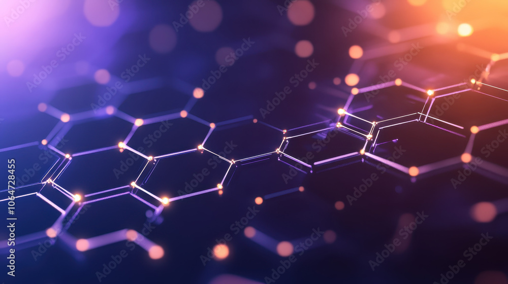 Abstract hexagonal pattern with glowing lights in purple and orange hues, creating futuristic and technological feel Abstract hexagonal pattern with glowing lights in purple and orange hues, creating futuristic and technological feel
