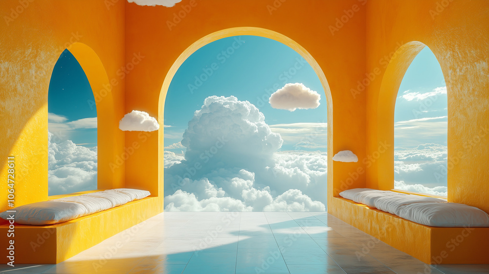 Fototapeta premium Dreamlike architectural interior with vibrant orange walls, soft cushions, and an open view of fluffy clouds in a serene blue sky