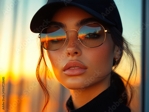 Stylish Woman with Sunglasses at Sunset
 photo