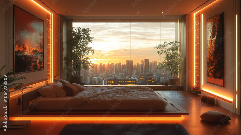 Fototapeta premium Luxury bedroom with ambient lighting, panoramic city view, and modern decor at sunset