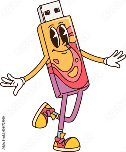 Cartoon groovy computer flash drive retro character. Isolated vector Usb flash drive funky y2k personage with expressive eyes, exuding a lively and playful vibe, as it cheerfully smile in playful pose