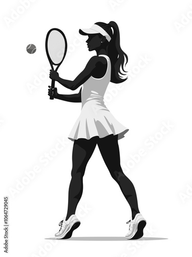 A stylish silhouette of a female tennis player poised to hit a ball, showcasing athleticism and elegance.