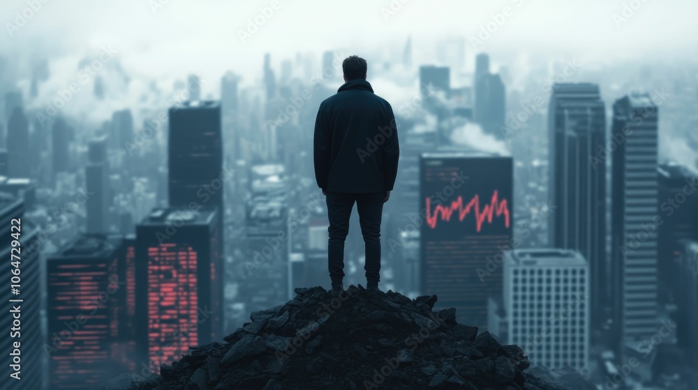 A lone figure stands on the edge of a crumbling financial district gazing down at the market graphs and data sinking into the deep abyss below A lone figure stands on the edge of a crumbling financial district gazing down at the market graphs and data sinking into the deep abyss below