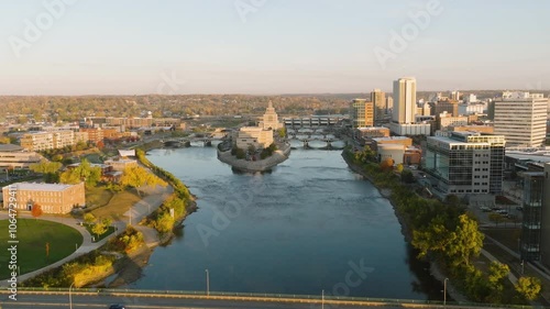 Cedar Rapids Iowa Sunrise Drone Push In To Veterans Memorial Building photo