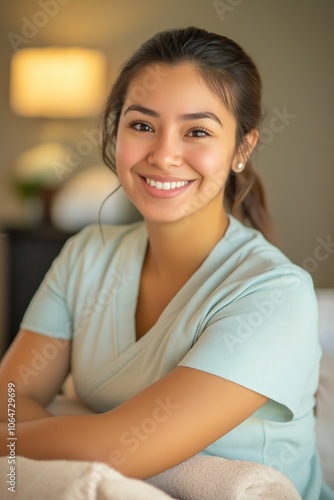 A woman is smiling and sitting on a couch. She is wearing a blue shirt and has her hair in a ponytail