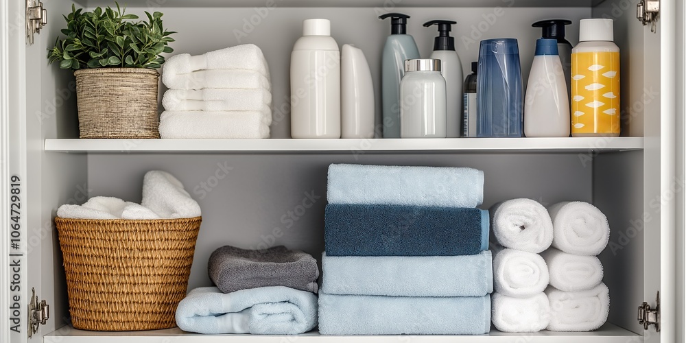 A shelf full of towels and toiletries. The towels are folded neatly and the toiletries are organized in a basket