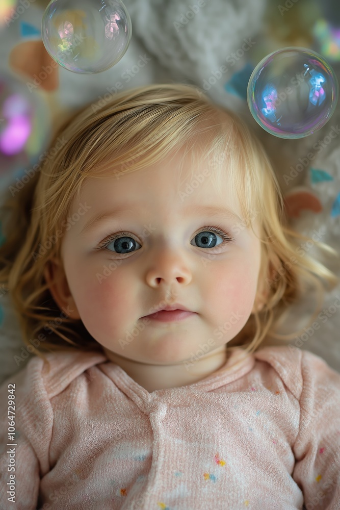 A baby girl is laying on a bed with a pink blanket. She has blonde hair and blue eyes A baby girl is laying on a bed with a pink blanket. She has blonde hair and blue eyes