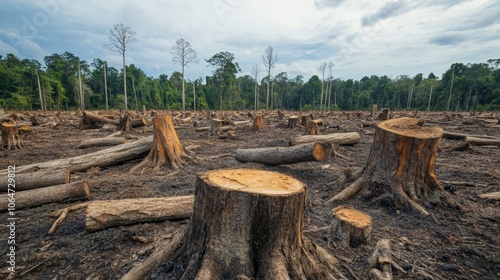 A barren forest with tree stumps and cut logs scattered across the ground representing deforestation and resource depletion