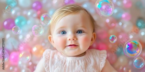 A baby is laying on a pink surface with a lot of bubbles. The baby is smiling and looking at the camera. The bubbles are in various colors and sizes, creating a fun and playful atmosphere