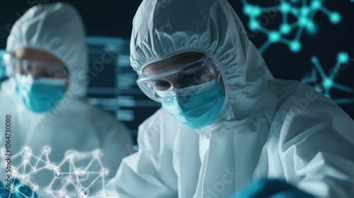 Diverse team of scientists in protective gear observing a 3D printed molecular structure of a new drug under a high tech digital microscope