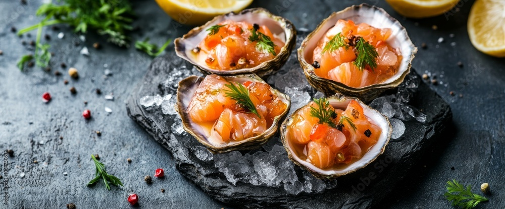 A collection of four oysters topped with diced salmon and herbs rests on a bed of ice. Slices of lemon and colorful pepper flakes accompany the elegant presentation A collection of four oysters topped with diced salmon and herbs rests on a bed of ice. Slices of lemon and colorful pepper flakes accompany the elegant presentation