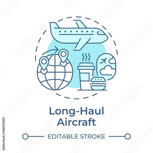 Long-haul aircraft soft blue concept icon. Inflight food, customer comfort. Transportation, travelling. Round shape line illustration. Abstract idea. Graphic design. Easy to use in infographic