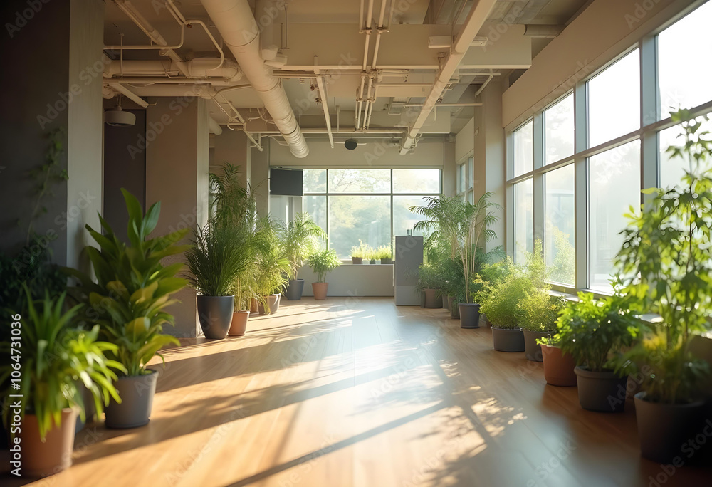 bright indoor space filled with various green plants, creating serene atmosphere. sunlight filters through large windows, enhancing natural textures and inviting ambiance bright indoor space filled with various green plants, creating serene atmosphere. sunlight filters through large windows, enhancing natural textures and inviting ambiance