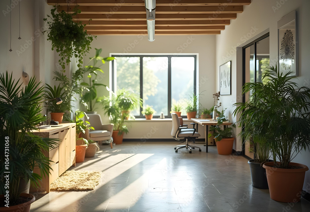 bright and airy office space filled with lush green plants, featuring ...