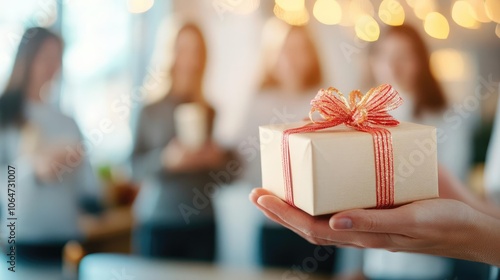 Close-knit team honoring valued colleague with a keepsake, sophisticated office, atmosphere of appreciation and respect, perfect for Boss s Day photo