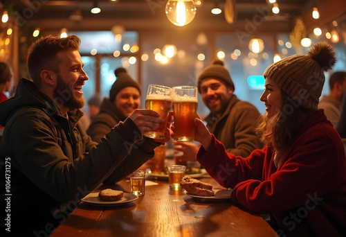 Cheers to friendship and good times! group of friends enjoys lively evening at cozy bar, raising their glasses of beer in celebration. warm ambiance is enhanced by soft lighting and delicious food on photo