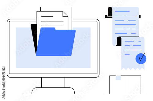 Computer monitor with an open folder containing documents alongside receipts and a checklist. Ideal for digital file organization, online document storage, efficient record-keeping, office