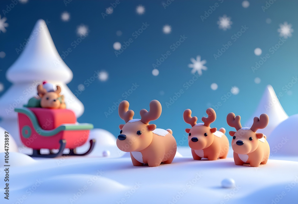 Fototapeta premium Cute reindeer figurines in snowy landscape with sleigh and Christmas trees. scene evokes joyful holiday spirit, perfect for festive decorations