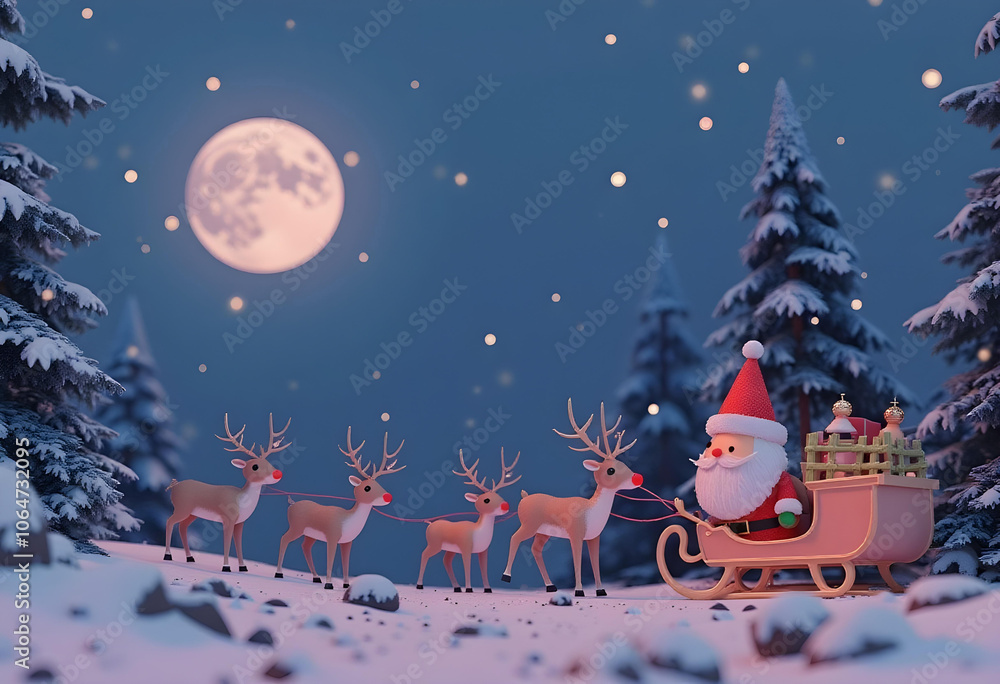 Naklejka premium serene winter night features Santa Claus with reindeer in snowy landscape, illuminated by full moon. scene captures magic of holiday season