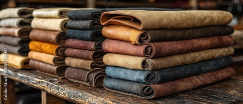 A stack of various leather pieces displayed on a wooden surface.