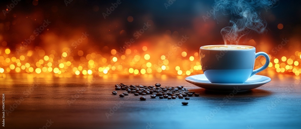 A steaming cup of coffee beside scattered beans, set against a warm, glowing backdrop. A steaming cup of coffee beside scattered beans, set against a warm, glowing backdrop.