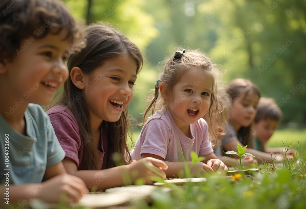 joyful group of children playing outdoors in sunny forest, enjoying nature and each other company. Their laughter and smiles create warm, happy atmosphere joyful group of children playing outdoors in sunny forest, enjoying nature and each other company. Their laughter and smiles create warm, happy atmosphere