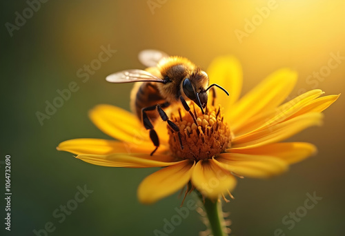 close up of bee collecting nectar from vibrant yellow flower, showcasing beauty of nature and importance of pollinators in ecosystem photo