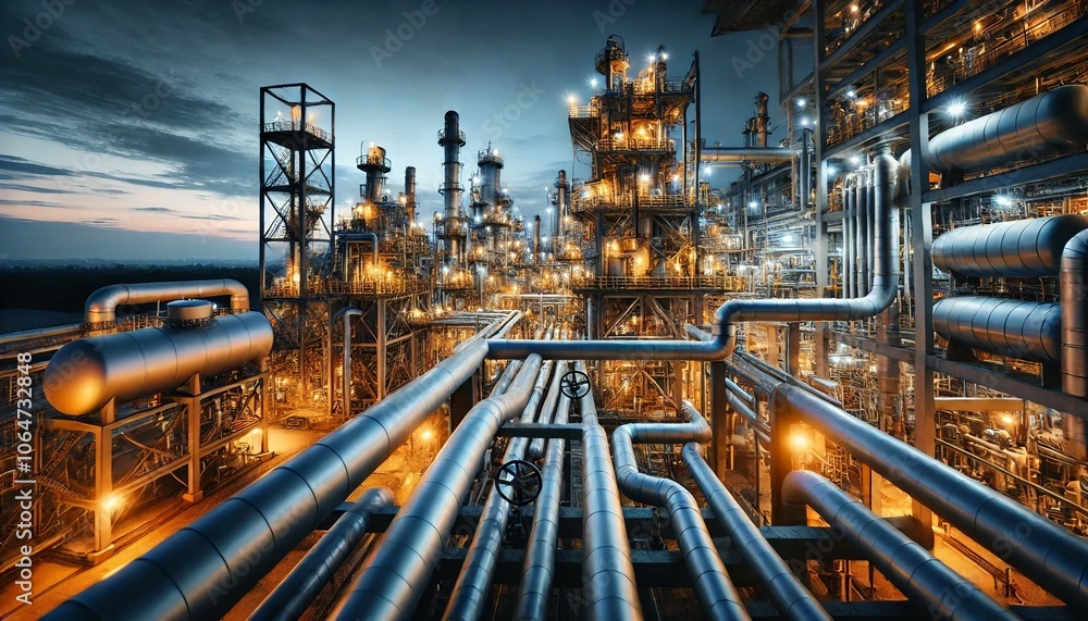 A detailed industrial plant scene at dusk showcasing steel pipes and infrastructure, Generative AI A detailed industrial plant scene at dusk showcasing steel pipes and infrastructure, Generative AI