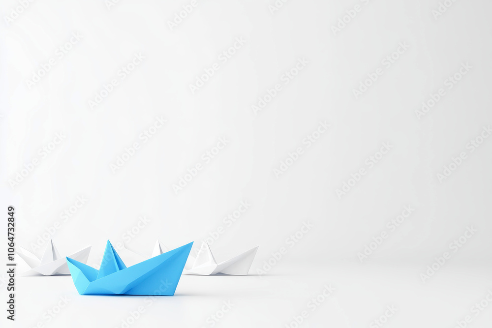 Blue paper boat leading a fleet of white origami boats Blue paper boat leading a fleet of white origami boats