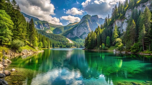 Mountain lake in Styria, Austria surrounded by lush green forests and rocky cliffs, Leopoldsteinersee, Austria, mountain photo