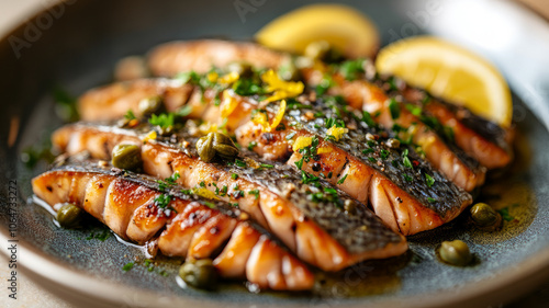 Grilled salmon fillets garnished with lemon and capers.