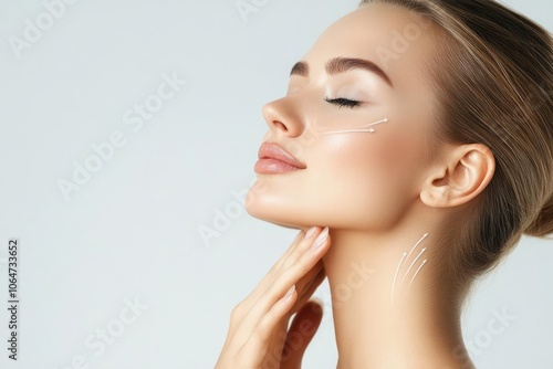 Woman with perfect skin after cosmetic treatment on grey background, featuring lifting arrows on neck and face. photo