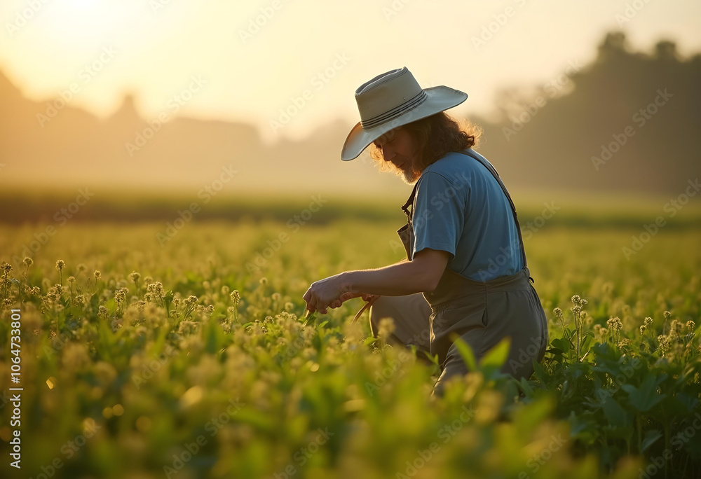 farmer working in lush green field during sunrise, wearing hat and overalls, surrounded by nature beauty. scene evokes sense of tranquility and hard work