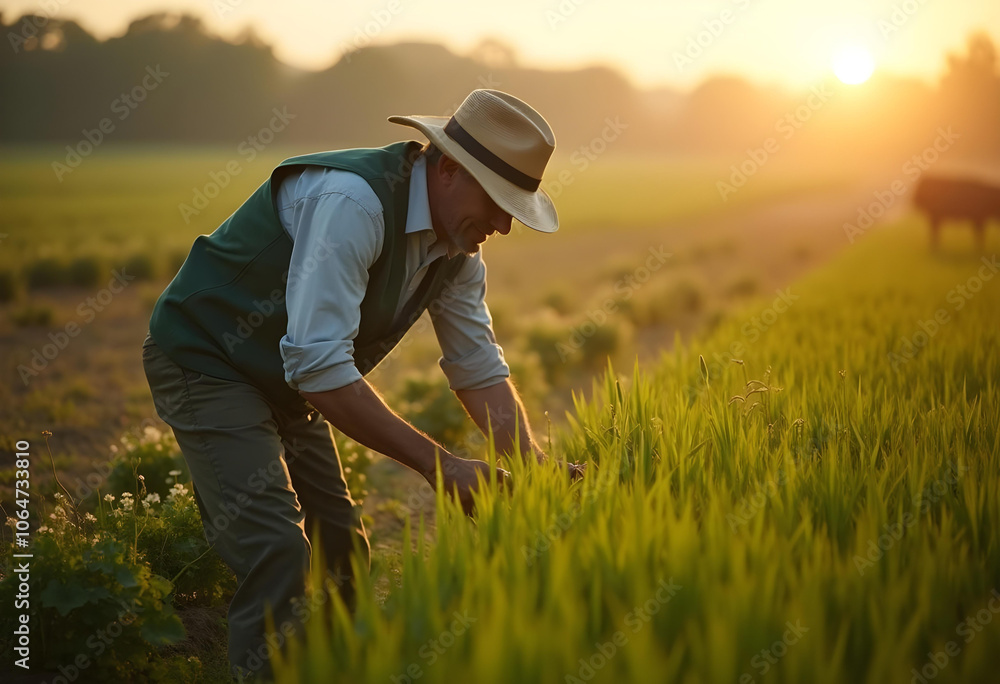 farmer tending to vibrant green rice plants at sunrise, showcasing dedication and connection to nature. warm sunlight enhances serene rural landscape farmer tending to vibrant green rice plants at sunrise, showcasing dedication and connection to nature. warm sunlight enhances serene rural landscape