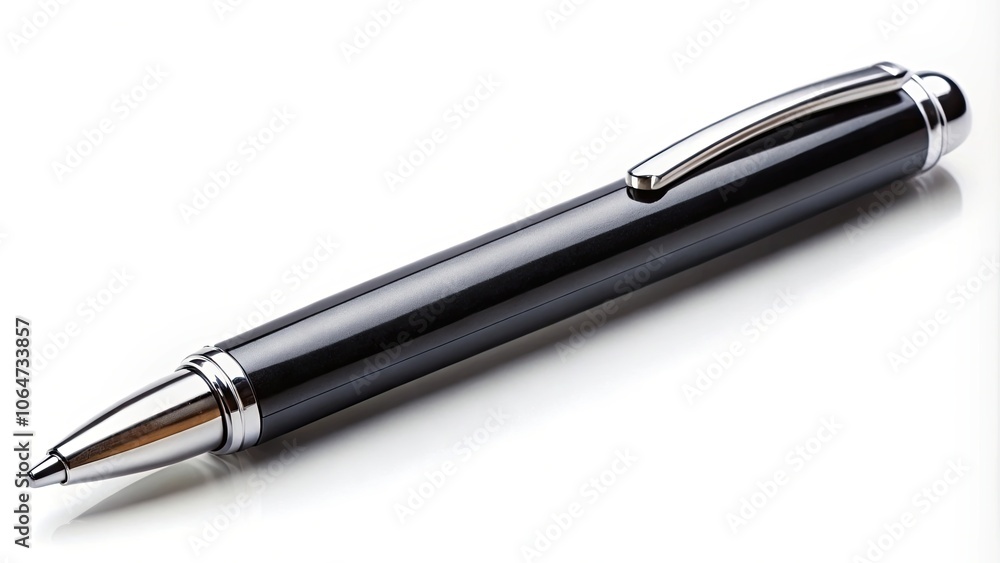 A close-up of a sleek and modern ballpoint pen on a white background , office supplies, stationary, writing tool, ink A close-up of a sleek and modern ballpoint pen on a white background , office supplies, stationary, writing tool, ink