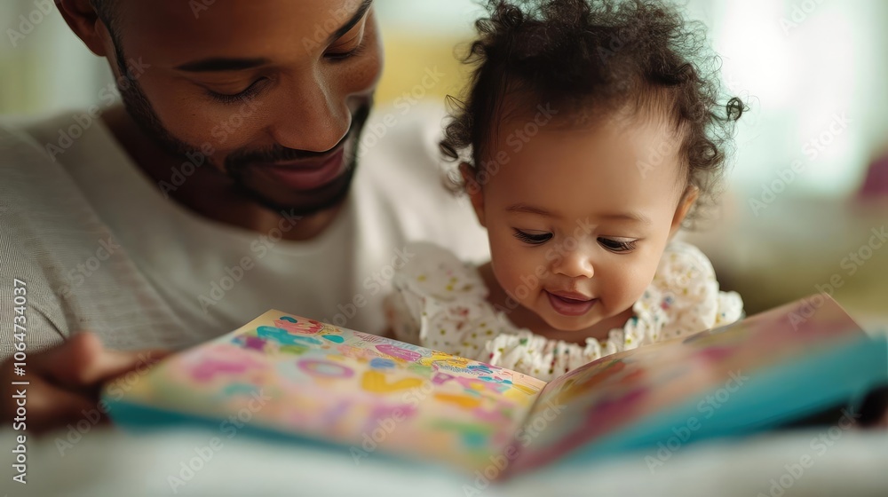 Baby focused on interactive book with a parent, vibrant setting, promoting mental curiosity and nurturing connection Baby focused on interactive book with a parent, vibrant setting, promoting mental curiosity and nurturing connection