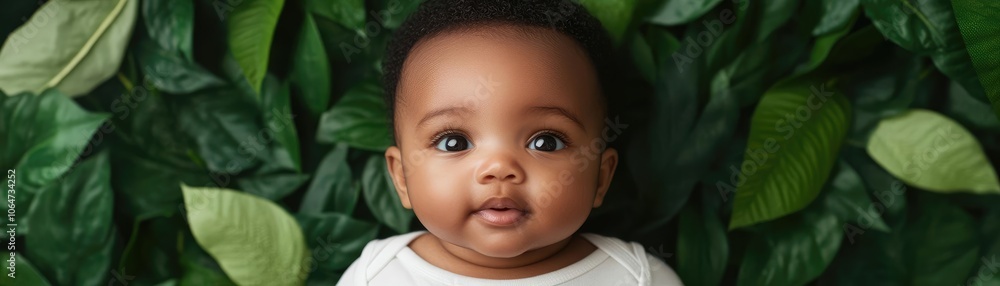 Baby with a glowing expression, surrounded by green leaves and natural light, representing vitality and health advocacy Baby with a glowing expression, surrounded by green leaves and natural light, representing vitality and health advocacy
