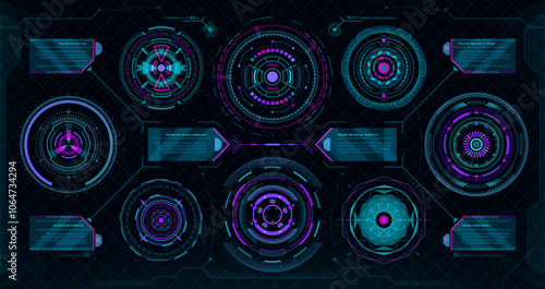 Circular futuristic HUD elements, digital Sci Fi interface. Future technology cyber game UI vector graphic, futuristic HUD control panel elements, round holograms, info boxes and callout title frames