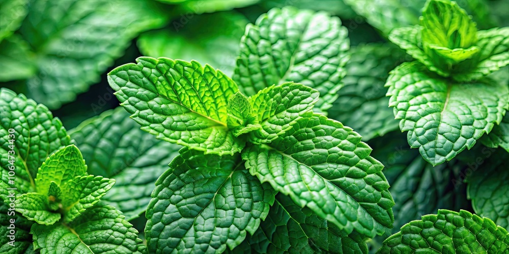 Close-up of fragrant peppermint leaves, commonly used in food, cosmetic, and medicinal industries Close-up of fragrant peppermint leaves, commonly used in food, cosmetic, and medicinal industries