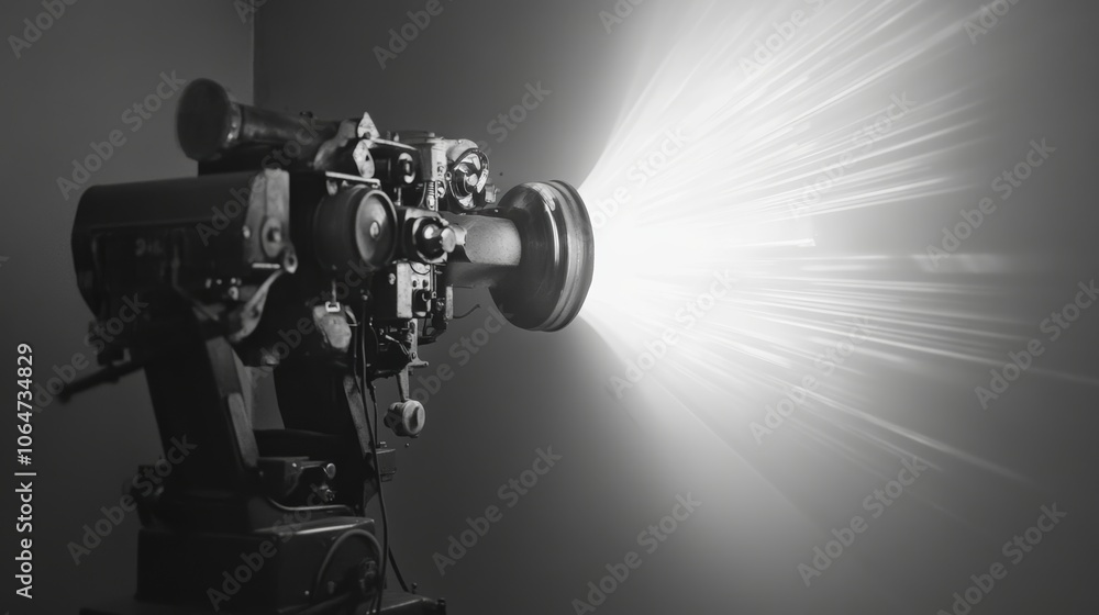 Fototapeta premium An old-fashioned film projector casting flickering black-and-white images on a blank wall creating a cozy retro ambiance
