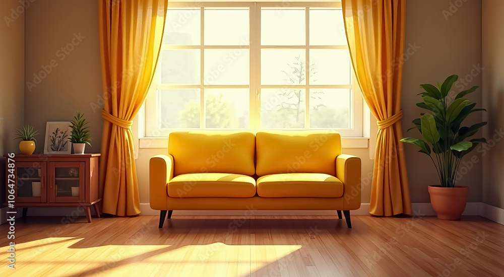 Fototapeta premium A yellow couch sits in front of a window with curtains drawn