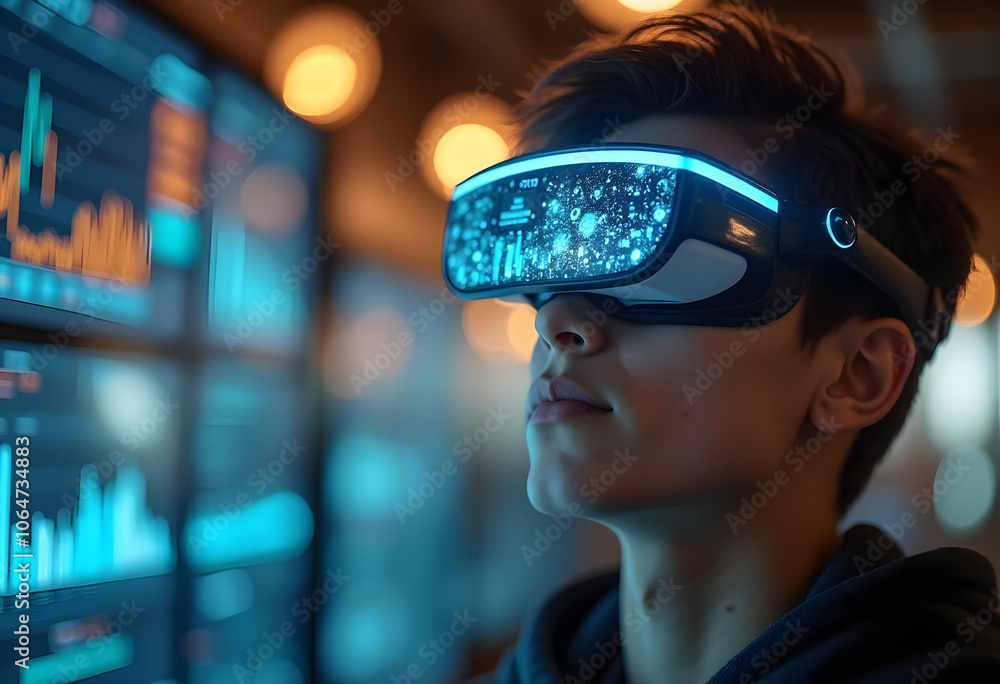 Immersive virtual reality experience with young person wearing VR headset, surrounded by digital data and graphs, showcasing technology and innovation Immersive virtual reality experience with young person wearing VR headset, surrounded by digital data and graphs, showcasing technology and innovation